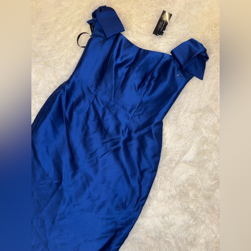 NEW Alfred Sung Bow Basque neck Off the Shoulder Satin Column Blue Gown Sz 14 - Picture 4 of 8